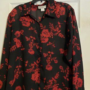 Erena Black & red rose l/s shirt sheer 2X